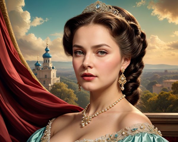 Regal Woman in Turquoise Gown with Tiara and Landscape
