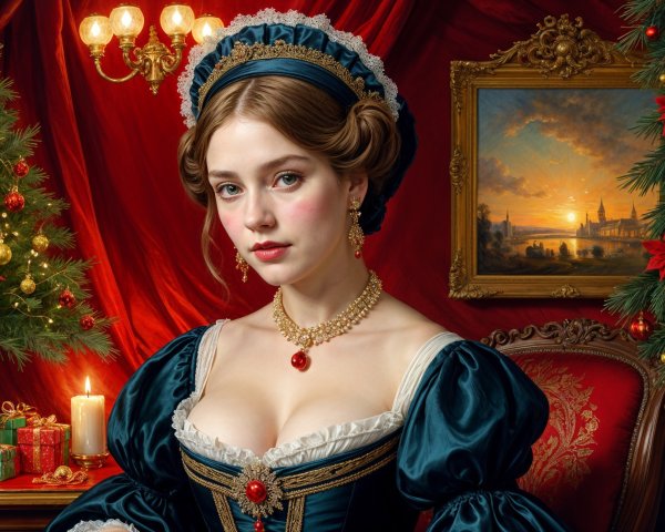 Young Woman in Historical Dress with Festive Backdrop