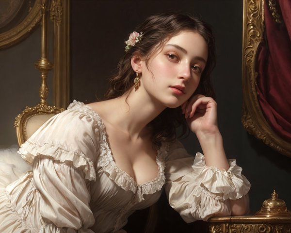 Serene young woman in vintage cream dress with puff sleeves pose elegantly