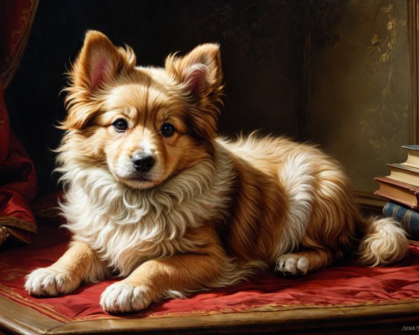 Fluffy Golden-Brown Dog on Red Velvet Surface