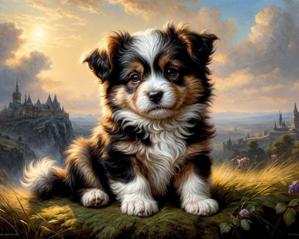 Fluffy Puppy on Grassy Hillside with Castle Background
