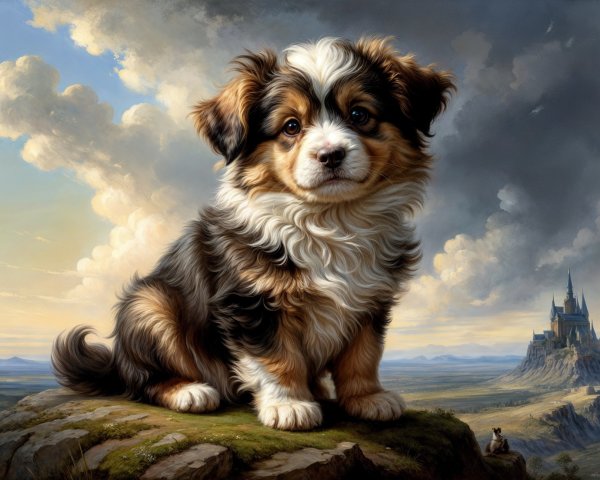 Fluffy Puppy on Rocky Ledge with Scenic Backdrop