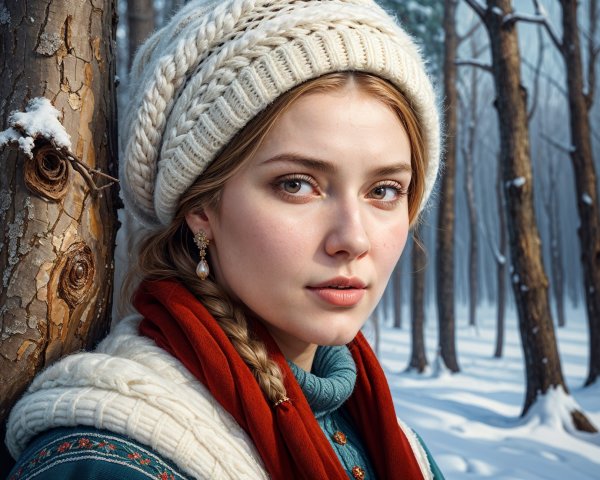 Young woman in snowy forest with serene expression