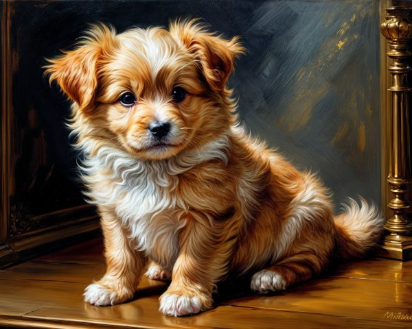 Fluffy Playful Puppy on Polished Wooden Surface