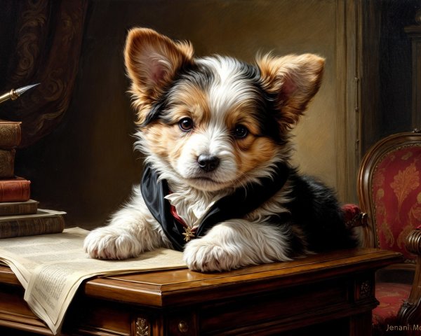 Puppy in Tuxedo on Ornate Desk with Antique Decor