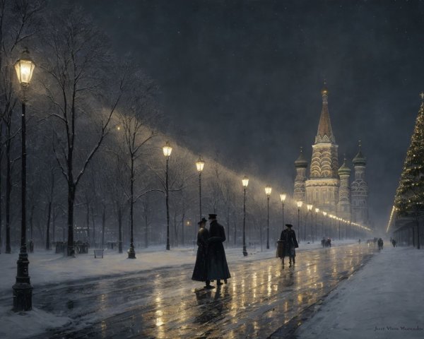 Snowy Evening Scene with People Walking Near Saint Basil's Cathedral