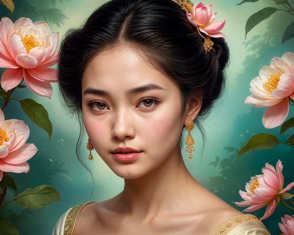 Young woman in traditional attire with lotus flowers