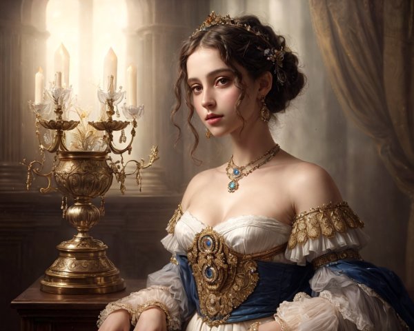 19th-Century Young Woman in Regal Gown Near Candelabra