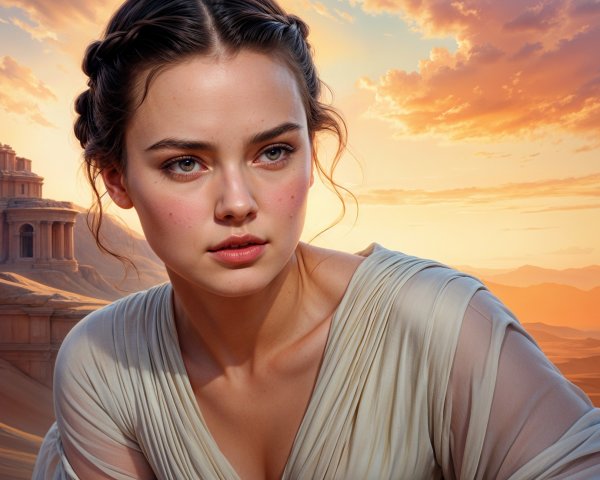 Young Woman Contemplating at Sunset with Scenic Landscape