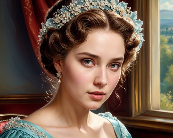 Young Woman in Turquoise Gown with Floral Crown