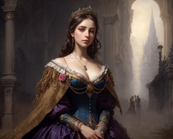 Regal Woman in Ornate Gown with Mystical Cityscape