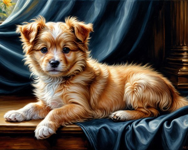 Golden-brown fluffy puppy resting on wooden surface