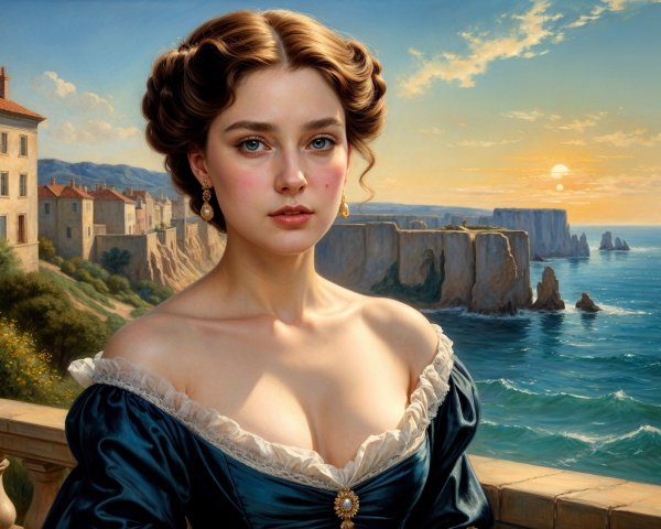 Young Woman in Blue Gown Overlooking Coastal Sunset