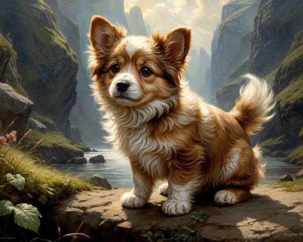 Fluffy Tan and White Dog Overlooking Mountain Landscape