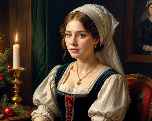 Elegant Young Woman in Dark Blue Dress with Candlelight