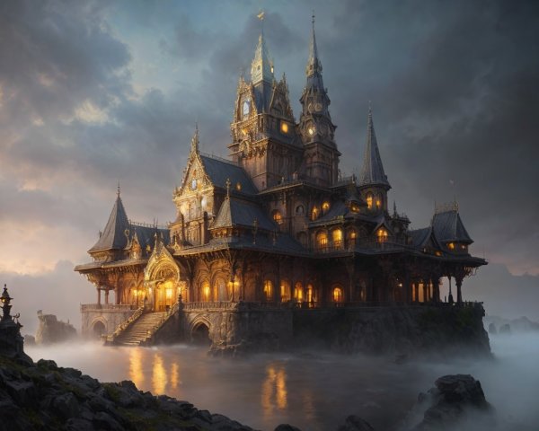 Majestic illuminated castle on rocky cliff under stormy skies