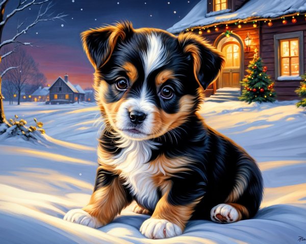 Puppy in Snowy Landscape with Cozy Cabin Background