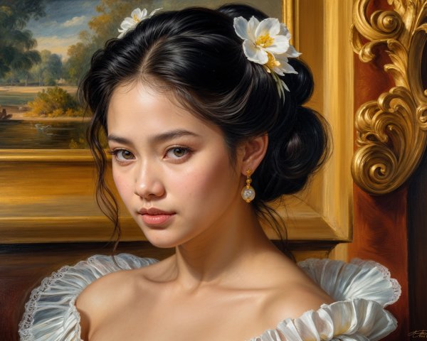 Portrait of a Young Woman in Elegant Attire with Flowers
