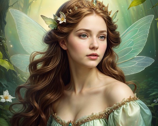 Fairy Princess in Enchanted Forest with Translucent Wings