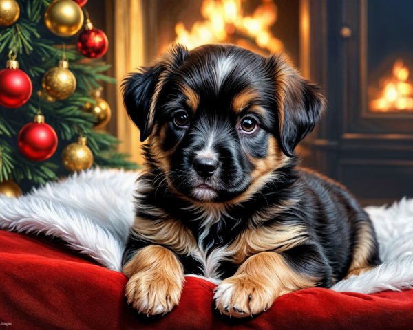Puppy on Red Blanket by Cozy Fireplace and Tree