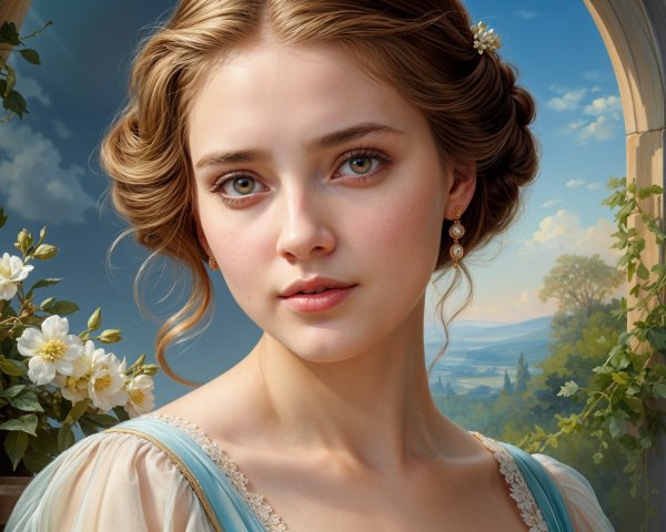 Young woman in blue dress against serene landscape