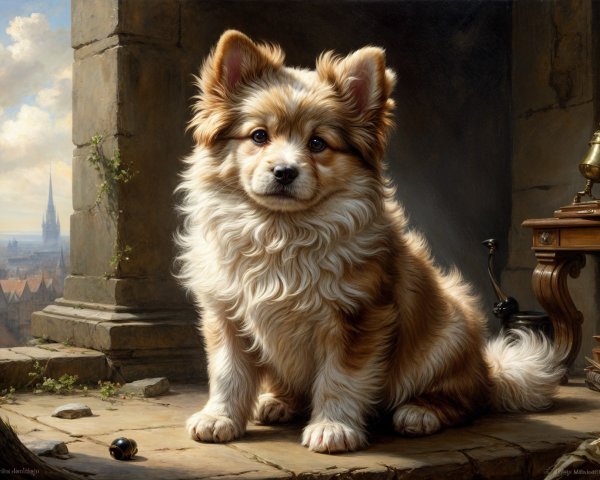 Fluffy Dog on Stone Ledge with Scenic Town View