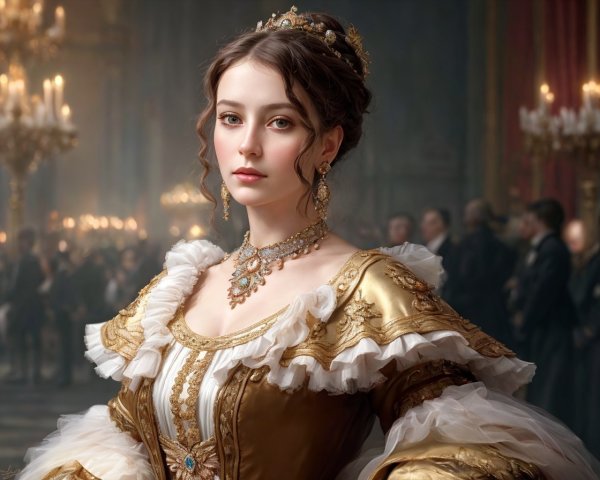 Elegant woman in golden period gown with tiara in grand hall