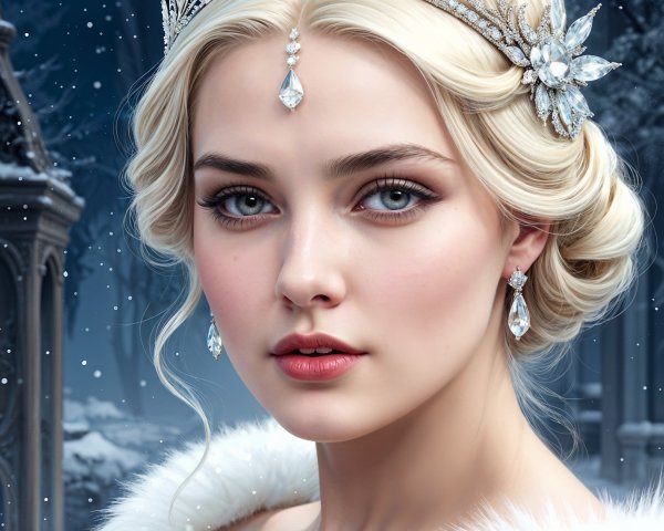 Close-Up of a Young Woman with Blue Eyes and Tiara