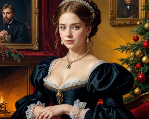 Young Woman in Elegant Gown by Christmas Tree