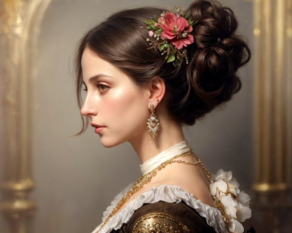 Vintage Attire Woman with Updo Hairstyle and Floral Adornments
