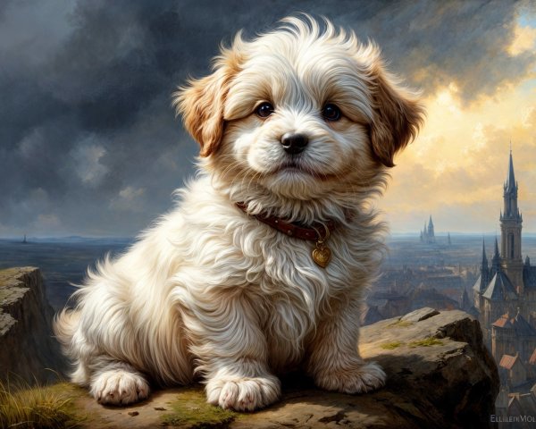 Fluffy puppy on rocky ledge with dramatic landscape