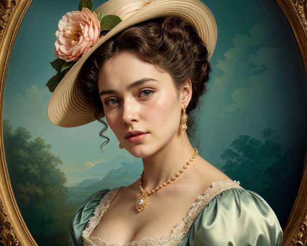Young woman in pale green gown with serene landscape