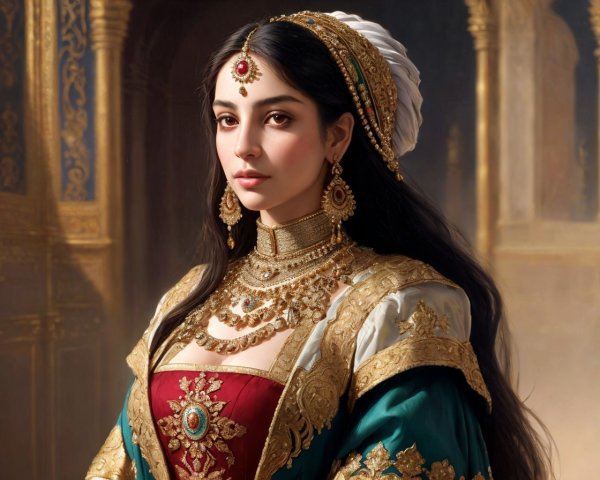 Regal figure in ornate attire with intricate details