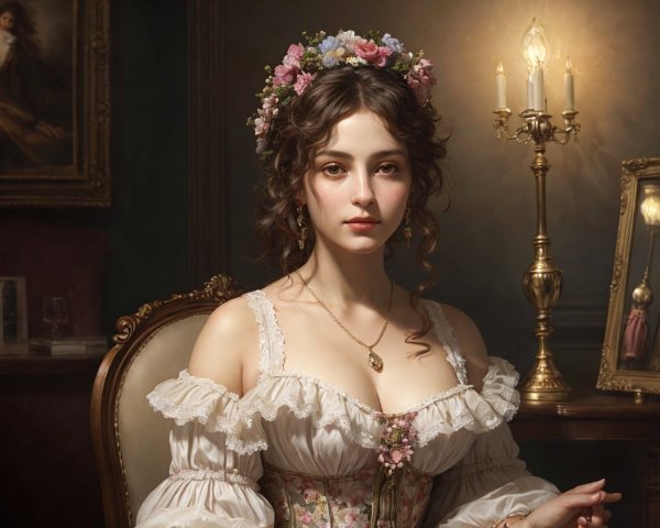 Vintage dress woman with floral crown and candle holder in classic painting backdrop