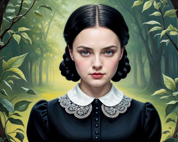 Young girl in vintage dress in ethereal forest setting