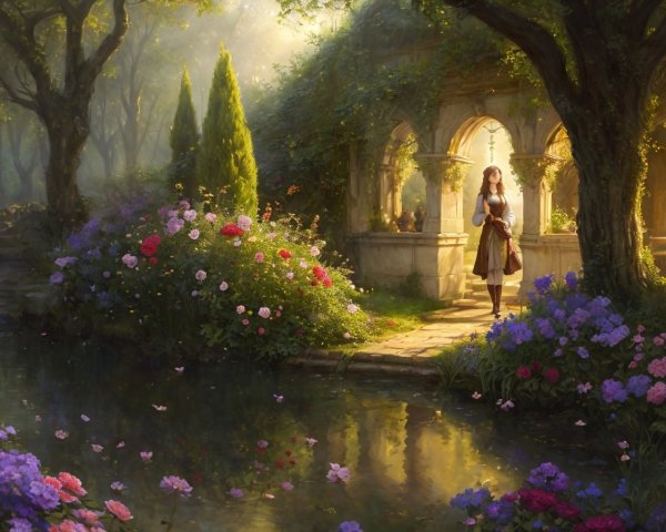 Tranquil garden scene with greenery, flowers, pond, and person by stone archway