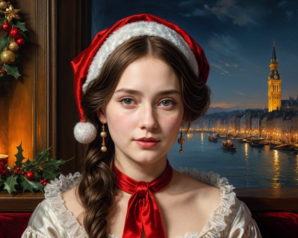 Young woman in Santa hat with winter scene backdrop