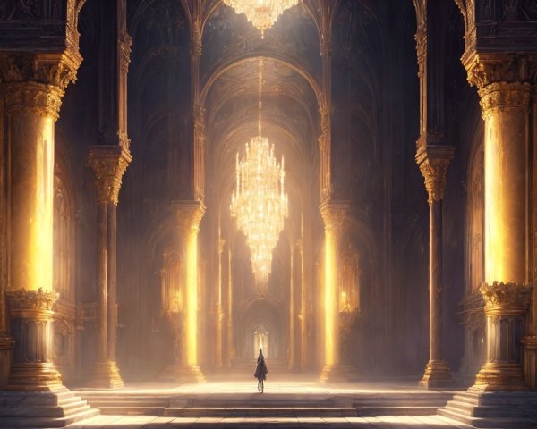 Grand sunlit hall with towering columns and glowing chandelier