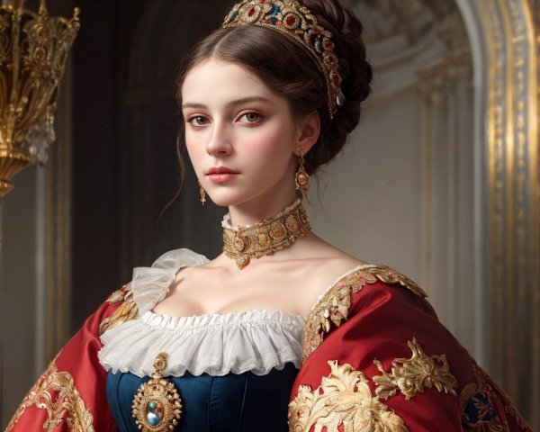 Elegant young woman in historical gown with accessories