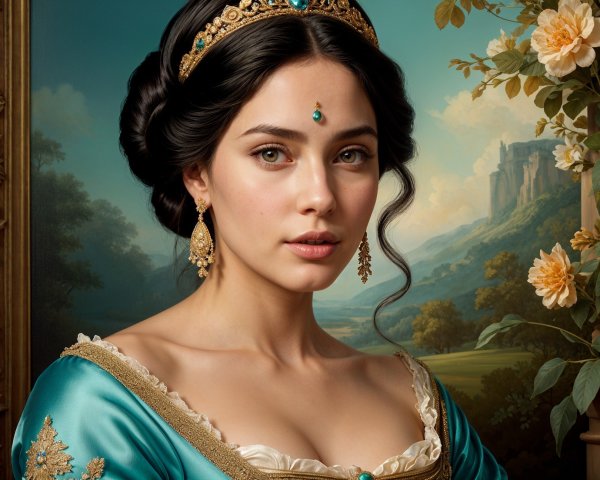 Young woman in turquoise gown with gold details