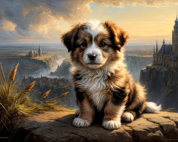 Fluffy puppy on a rocky ledge with scenic landscape