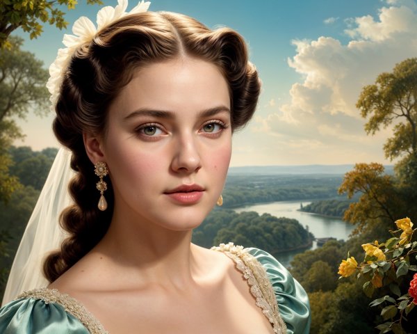 Young woman in aqua dress with floral accessory