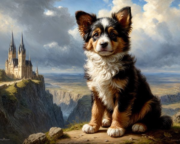 Tri-colored puppy on a rocky ledge with castle backdrop