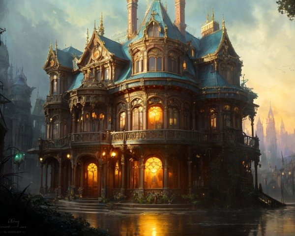 Victorian Mansion by Waterway with Intricate Architecture
