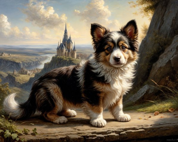 Corgi on Rocky Outcrop with Castle and Scenic Landscape