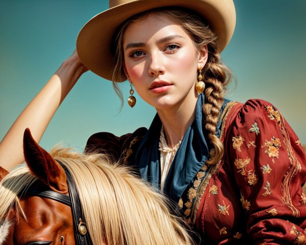 Young woman in vintage dress with horse and landscape
