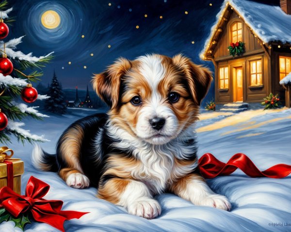 Puppy in Snow with Christmas Decorations and Cabin