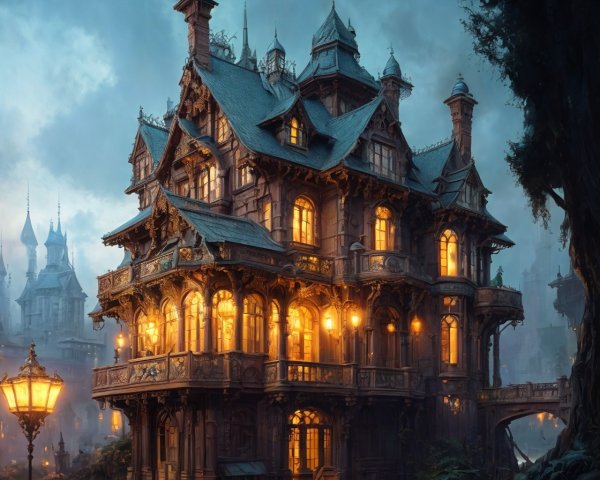 Victorian Mansion Surrounded by Twilight Mist and Light