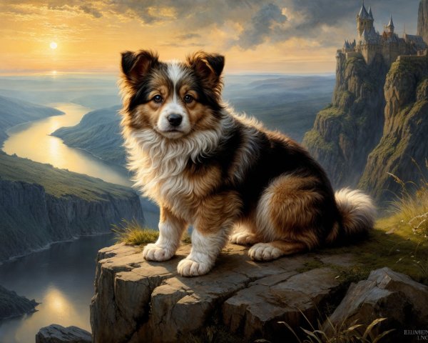 Majestic Sunset Over River with Dog and Castle View