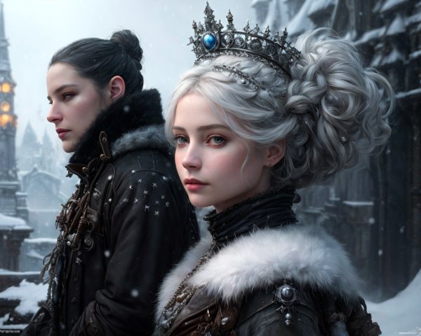 Regal Women in Luxurious Medieval Attire in Snowy Scene